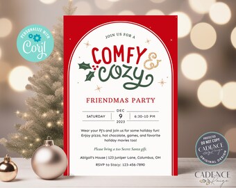 May include: Red and white Christmas party invitation with the text "Comfy & Cozy Friendmas Party" and details for a party on December 9th, 2023 from 6:30 to 10 PM. The invitation includes the address and RSVP information.