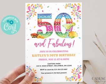 50th Birthday Invitation Fiesta Theme, 50 and Fabulous Invitation, 50th Fiesta Invitation, Mexican Themed, Digital Invite, Printable, Corjl