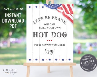 Printable Hot Dog Bar Sign, Hot dog Station Sign, Build Your Own Hot dog Sign 4th of July Picnic Sign Grilling Station Sign Digital PDF BQUS