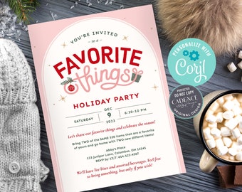 Op de afbeelding: Een roze en rode uitnodiging voor een kerstfeest met een feestelijke illustratie van een kerstbal en de tekst "Favorite Things". De uitnodiging bevat details voor een kerstfeest op 9 december 2023, van 18:30 uur tot 22:00 uur. De uitnodiging bevat ook de tekst "Laten we onze favoriete dingen delen en het seizoen vieren!" en "Breng TWEE dezelfde items ter waarde van € 20 mee die tot je favorieten behoren en ga naar huis met TWEE nieuwe, verschillende items!"