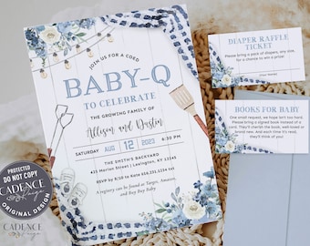 Blue Baby-Q Shower Invitation, Coed Baby Shower Invite for Baby Boy, Backyard Baby Shower Invite with matching, Blue, Printable, DIY, BQDB