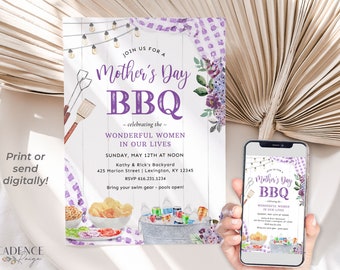 Mother's Day BBQ Invitation for Mother's Day Cookout, Casual Mother's Day Picnic Phone Invite Purple Florals, Digital Moms Day BBQ Invite