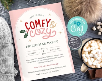 Puede incluir: Una invitación rosa y blanca con el texto "Join us for a Comfy & Cozy Friendmas Party" con una rama de acebo y estrellas doradas. La fecha es el sábado 9 de diciembre de 2023 de 18:30 a 22:00. La invitación también incluye detalles sobre el evento, como llevar pijamas, disfrutar de pizza y chocolate caliente, jugar juegos, ver películas navideñas y traer un regalo secreto de Santa de 10 €. La invitación es para la casa de Abigail en 123 Juniper Lane, Columbus, OH. RSVP a Stacy al 123-456-7890.