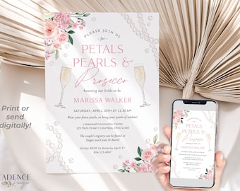 Petals Pearls and Prosecco Bridal Shower Invitation in Pink Petals and Pearls Invitation with Prosecco Shower Invite Printable Digital P12