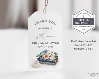 May include: Thank you tag for a bridal shower with a floral design and a stack of books. The tag says "Thank you - for coming to - Lauren's Bridal Shower April 23, 2022".