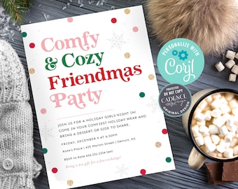 Puede incluir: Una invitación blanca con texto rojo, verde y rosa que dice "Comfy & Cozy Friendmas Party". La invitación tiene un patrón de copo de nieve y lunares. El texto también incluye detalles sobre la fiesta, como la fecha, la hora, la ubicación y la información de RSVP. La invitación está personalizada con el texto "Corjl" en un círculo azul verdoso.
