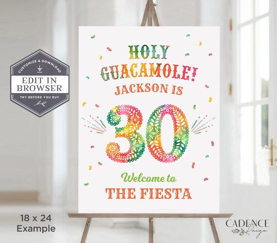 30th Birthday Sign, 30th Birthday Welcome Sign, Holy Guacamole Sign, 30th Birthday Poster, Thirty, Printable, Editable Sign, Corjl, A24