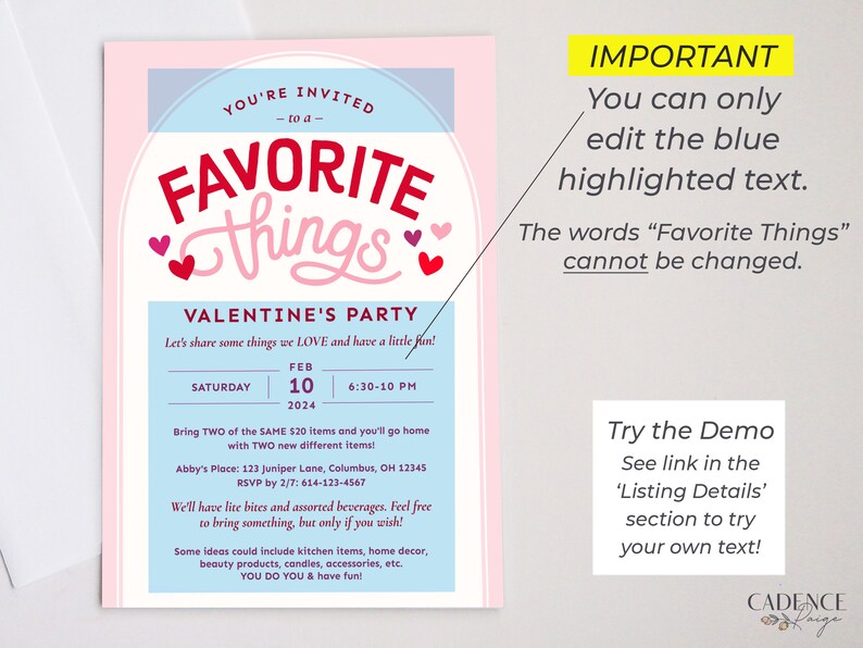 May include: A pink and blue Valentine's Day party invitation with the text "Favorite Things" in red and white. The invitation includes details for a party on February 10th, 2024, from 6:30 PM to 10 PM. The invitation also includes the address and RSVP information.