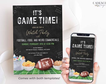 May include: A digital invitation for a football watch party, featuring the text "IT'S GAME TIME!" and details about the event. The design includes a football, snacks, and a field graphic. A smartphone displays the same invitation.