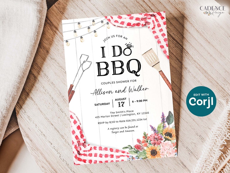 May include: A white invitation with the text "I Do BBQ" for a couples shower, featuring a watercolor design with grilling tools, floral accents, and the names Allison and Walker. The invitation includes event details and a "Edit with Corjl" button.
