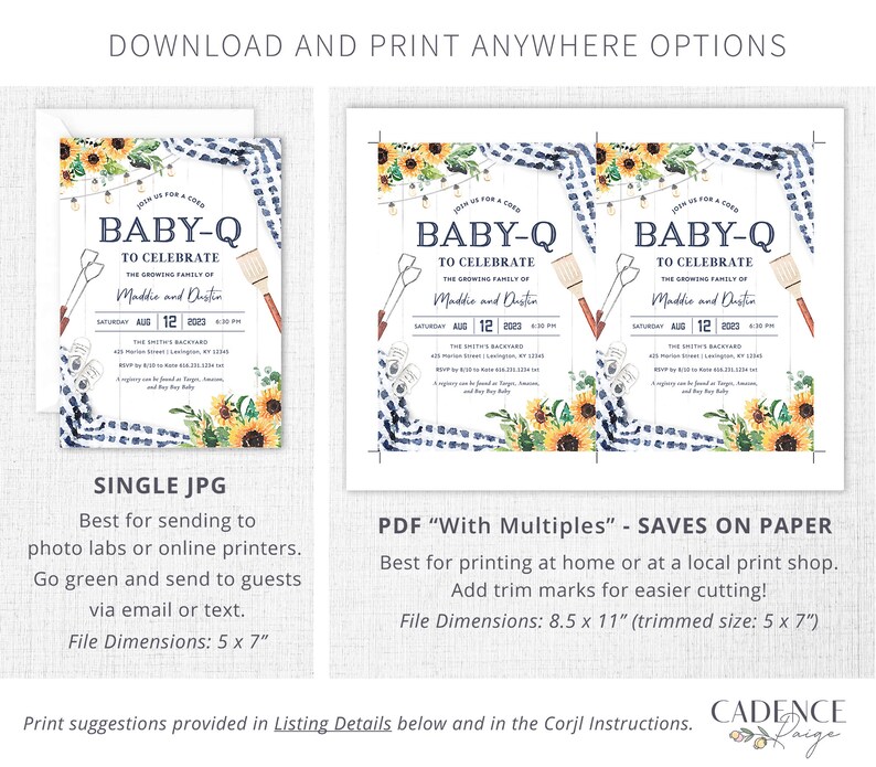 K&ouml;nnte beinhalten: Eine druckbare Babyparty-Einladung mit einem blau-wei&szlig; karierten Muster, Sonnenblumen und dem Text "Baby-Q zur Feier der wachsenden Familie von Maddie und Dustin".