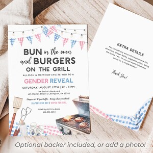 K&ouml;nnte beinhalten: Eine Einladung zu einer Gender-Reveal-Party mit einer Aquarell-Illustration eines Grills, Br&ouml;tchen und Burgern. Der Text lautet "Bun in the oven and Burgers on the Grill" und l&auml;dt G&auml;ste zu einer Gender-Reveal-Party am 17. August von 12 bis 15 Uhr ein. Die Einladung enth&auml;lt die Adresse und RSVP-Informationen.