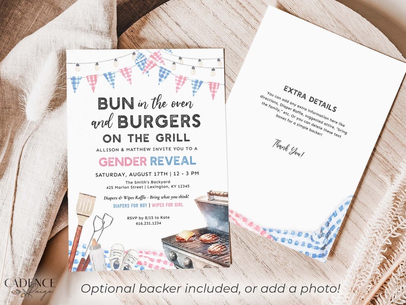 K&ouml;nnte beinhalten: Eine Einladung zu einer Gender-Reveal-Party mit einer Aquarell-Illustration eines Grills, Br&ouml;tchen und Burgern. Der Text lautet "Bun in the oven and Burgers on the Grill" und l&auml;dt G&auml;ste zu einer Gender-Reveal-Party am 17. August von 12 bis 15 Uhr ein. Die Einladung enth&auml;lt die Adresse und RSVP-Informationen.