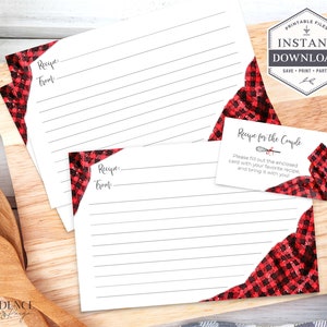 May include: Two printable recipe cards featuring a red and black buffalo check design. The cards have lines for writing down a recipe and the name of the person who made it. The cards also include a smaller card that says "Recipe for the Couple" and asks guests to fill out the enclosed card with their favourite recipe and bring it with them.
