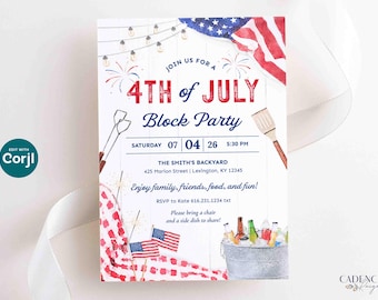 Invitación para fiesta del 4 de julio, invitación para fiesta vecinal del 4 de julio, invitación para picnic vecinal, invitación para fiesta del 4 de julio, invitación imprimible DIY Corjl