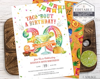 30. Geburtstag Einladung, 30. Geburtstag Fiesta einladen, Taco Geburtstagsparty einladen, DIY, Printable, Corjl, A24