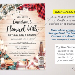 May include: A printable invitation for a 40th birthday party with a flannel theme. The invitation features a rustic wood background with a plaid flannel pattern, a bottle of beer, and a s'more. The text on the invitation reads "Join us for Cameron's Flannel 40th Birthday BBQ & Bonfire".