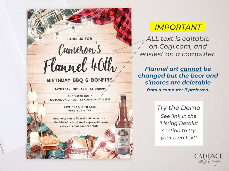 May include: A printable invitation for a 40th birthday party with a flannel theme. The invitation features a rustic wood background with a plaid flannel pattern, a bottle of beer, and a s'more. The text on the invitation reads "Join us for Cameron's Flannel 40th Birthday BBQ & Bonfire".