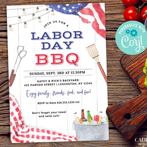 May include: A printable invitation for a Labour Day BBQ. The invitation features a watercolour illustration of a red, white and blue American flag, a bucket of ice with beer bottles, and a spatula. The text on the invitation reads "Join us for a Labour Day BBQ", "Sunday, Sept. 3rd at 12:30PM", "Kathy & Rick's Backyard", "425 Marion Street | Lexington, KY 12345", "Enjoy family, friends, food, and fun!" and "RSVP to Kate 616.231.1234 txt".