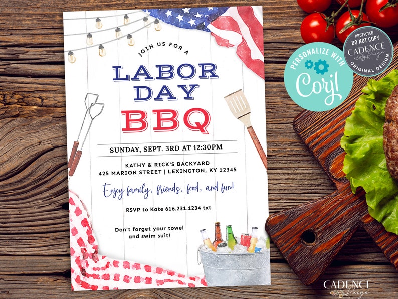 May include: A printable invitation for a Labour Day BBQ. The invitation features a watercolour illustration of a red, white and blue American flag, a bucket of ice with beer bottles, and a spatula. The text on the invitation reads "Join us for a Labour Day BBQ", "Sunday, Sept. 3rd at 12:30PM", "Kathy & Rick's Backyard", "425 Marion Street | Lexington, KY 12345", "Enjoy family, friends, food, and fun!" and "RSVP to Kate 616.231.1234 txt".