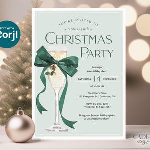 Invito alla festa di Natale preppy con fiocco, invito alla festa di cocktail delle feste con fiocco verde, invito alla festa del prosecco, invito digitale stampabile