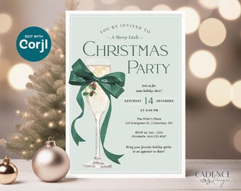 May include: A green and white Christmas party invitation with a champagne flute and a green bow. The invitation reads "You're invited to a Merry Little Christmas Party" and includes the date, time, and location of the party. RSVP by December 12th.
