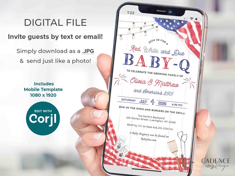 May include: A smartphone displays a digital invitation for a "Red, White, and Due BABY-Q" baby shower. The invitation features patriotic colors, fireworks, and text. The phone is held in a hand.