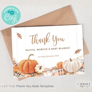 Notas de agradecimiento con sabor a calabaza, notas de agradecimiento para baby shower imprimibles, notas de agradecimiento para baby shower con sabor a calabaza, personalizables, hazlo tú mismo, EDITABLES, Corjl