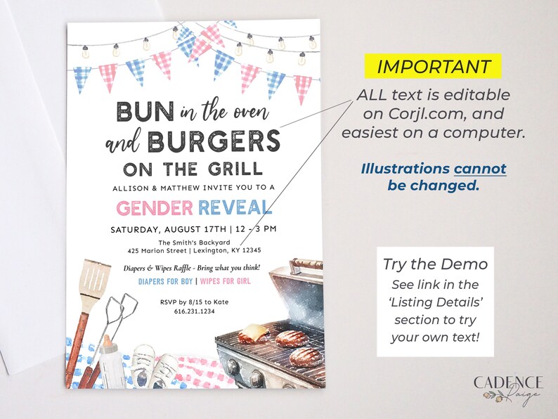 Gender Reveal Einladung zum Grillen Grillparty Grill-Picknick-Brötchen im Ofen Burger auf dem Grill Gender Reveal Invite Printable DIY, BQGR Bild 6