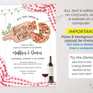 May include: A printable invitation for a couples shower with a pizza and wine theme. The invitation features a watercolor illustration of a pizza on a cutting board with the text "Love & Pizza". The invitation also includes the text "Join us for a couples shower to celebrate Maddison & Damien" and the date and time of the event. The invitation is decorated with red and white checkered fabric and string lights.