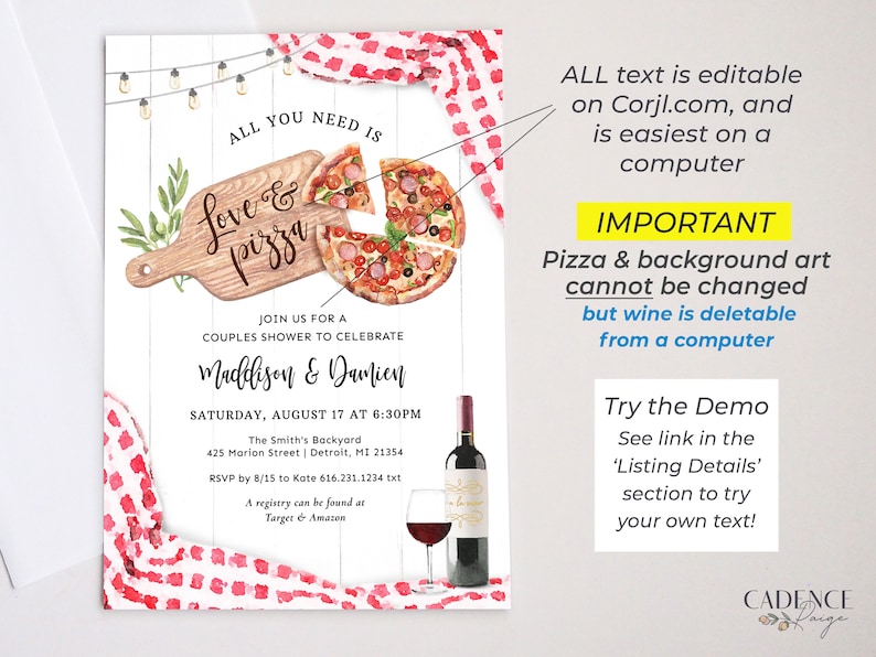 May include: A printable invitation for a couples shower with a pizza and wine theme. The invitation features a watercolor illustration of a pizza on a cutting board with the text "Love & Pizza". The invitation also includes the text "Join us for a couples shower to celebrate Maddison & Damien" and the date and time of the event. The invitation is decorated with red and white checkered fabric and string lights.
