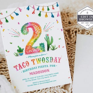 Taco Twosday Birthday Invitation, 2nd Birthday Invitation, Taco Tuesday, Taco Two-sday, TWO, 2 Birthday, DIY Invite, Printable, Corjl, A24