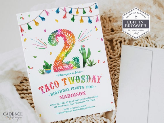 Taco Twosday Birthday Invitation, 2nd Birthday Invitation, Taco Tuesday, Taco Two-sday, TWO, 2 Birthday, DIY Invite, Printable, Corjl, A24