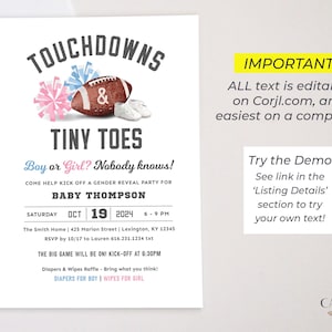 Football Gender Reveal Invitation Touchdown and Tiny Toes Invitation Gender Reveal Party Football Tailgate and Celebrate, Digital Printable image 7