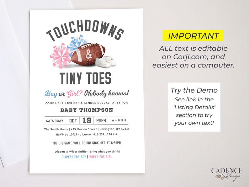 Football Gender Reveal Invitation Touchdown and Tiny Toes Invitation Gender Reveal Party Football Tailgate and Celebrate, Digital Printable image 7