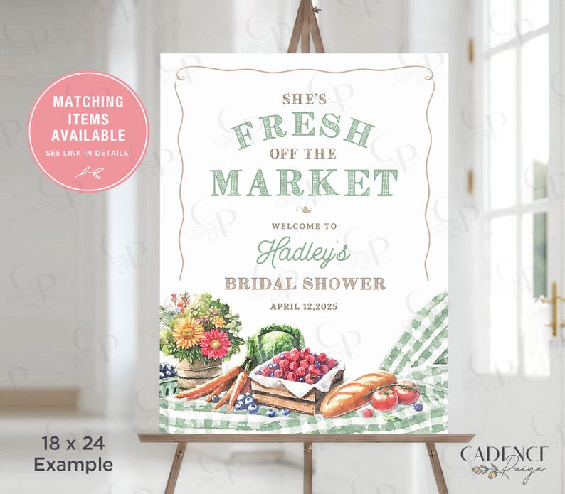 This Fresh Off the Market Bridal Shower Sign is perfect for a farmers market themed celebration. The design features watercolor illustrations of fresh cut flowers, fresh vegetables, mixed berries, crusty bread, and timeless green gingham setting the stage for a charming market style celebration.