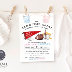 May include: A gender reveal party invitation with a football theme. The invitation features a red and white football pennant with the words "Future Eagle on the way!" and a football with a blue and pink bib on top. The text on the invitation reads "It's Game Time, Baby! Blue or Pink - What do you think?" and "Join us for Josh and Stacie's Gender Reveal Saturday Sept 21, 2024 3:00 PM Come for food & fuel we'll have the game on the big screen! OSU/Youngstown @ 4:00 The Smith's 425 Marion Street | Lokeway, KY 12345 RSVP to Stacie 456.231.1234 Diaper & Wipes Raffle - Bring what you think and win a prize! Diapers for Boy | Wipes for Girl"
