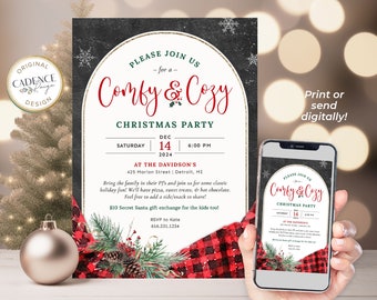May include: A Christmas party invitation with a red and black plaid background. The invitation reads "Please join us for a Comfy & Cozy Christmas Party" with the date and time of the party. The invitation also includes the address of the party and a phone number to RSVP.