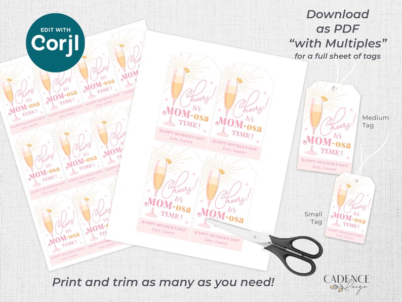 May include: Printable gift tags featuring a champagne glass with pink and gold accents. The tags say "Cheers! It's Mom-osa Time!" and "Happy Mother's Day".