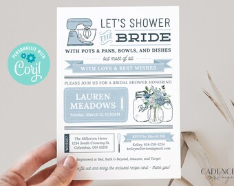 Dusty Blue Bridal Shower Invitation, Blue Wedding Shower Invite, Kitchen Shower Invite, Stock the Kitchen Invite, DIY Invite, Printable, B6