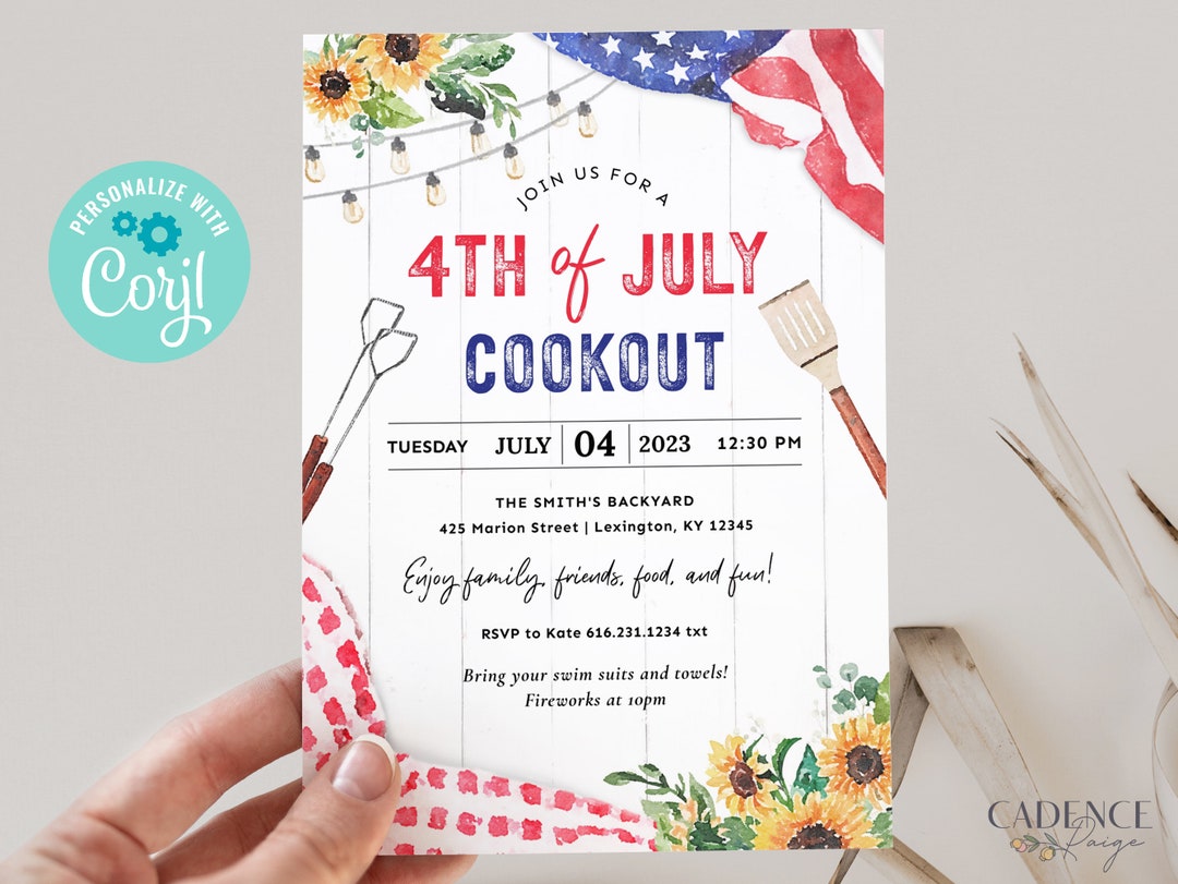 4th of July Party Invitation, 4th of July Cookout Invitation, July 4th ...