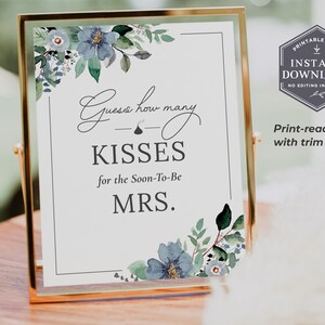 Dusty Blue Bridal Shower Game: Guess How Many Kisses Sign (Printable PDF)