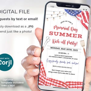 A Memorial Day Party invitation that can be printed or texted to guests. The design has a red, white, and blue American flag in the background along with red checkered picnic gingham. The text on the invitation reads: 'Join us for a Memorial Day Summer Kick-off Party! with Date, Time, and Location. Enjoy family, friends, food, and fun! RSVP info. Don't forget your swim suit! Bring a chair and a side dish to share!' The invitation can be personalized in Corjl.