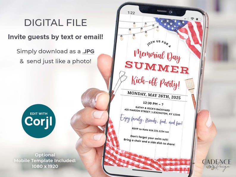 A Memorial Day Party invitation that can be printed or texted to guests. The design has a red, white, and blue American flag in the background along with red checkered picnic gingham. The text on the invitation reads: 'Join us for a Memorial Day Summer Kick-off Party! with Date, Time, and Location. Enjoy family, friends, food, and fun! RSVP info. Don't forget your swim suit! Bring a chair and a side dish to share!' The invitation can be personalized in Corjl.