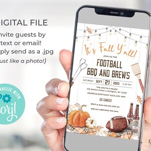 May include: A digital invitation for a football BBQ and brews party. The invitation features a rustic fall theme with pumpkins, leaves, and string lights. The text reads "It's Fall Y'all!" and includes details about the event, including the date, time, location, and RSVP information.