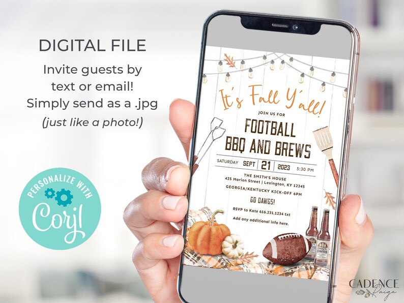 May include: A digital invitation for a football BBQ and brews party. The invitation features a rustic fall theme with pumpkins, leaves, and string lights. The text reads "It's Fall Y'all!" and includes details about the event, including the date, time, location, and RSVP information.