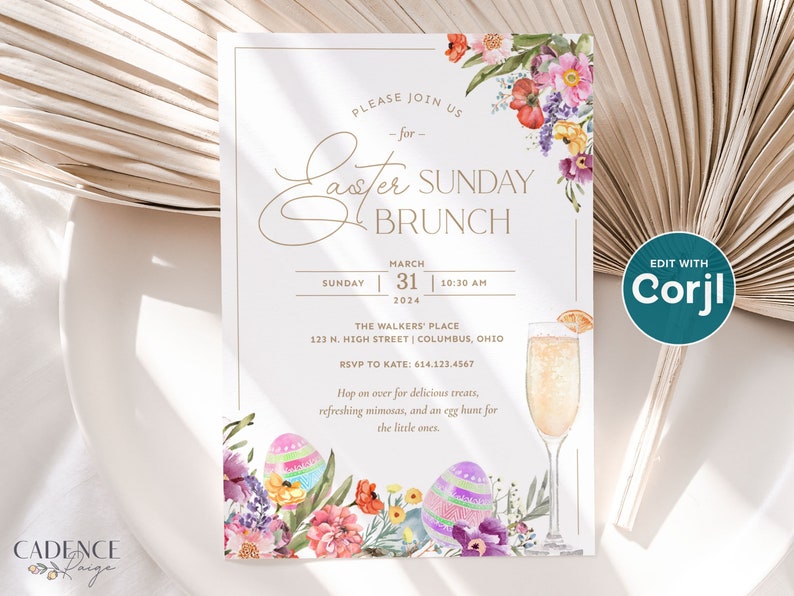 K&ouml;nnte beinhalten: Eine Einladung zu einem Oster-Sonntagsbrunch mit floralem Design und einem Glas Mimosa. Die Einladung enth&auml;lt Datum, Uhrzeit, Ort und RSVP-Informationen. Der Text lautet: "Bitte schlie&szlig;en Sie sich uns zum Oster-Sonntagsbrunch an, Sonntag, 31. M&auml;rz 2024, 10:30 Uhr, The Walkers' Place, 123 N. High Street | Columbus, Ohio, RSVP an Kate: 614.123.4567. Kommen Sie vorbei und genie&szlig;en Sie leckere Leckereien, erfrischende Mimosas und eine Ostereiersuche f&uuml;r die Kleinen."