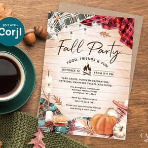 Fall Harvest Party invitation that features a rustic wood background with different colors of cozy flannels draped in each corner, along with twinkling string lights, pumpkins, and s'mores. The invite says "Fall Party" in bold script in the center.