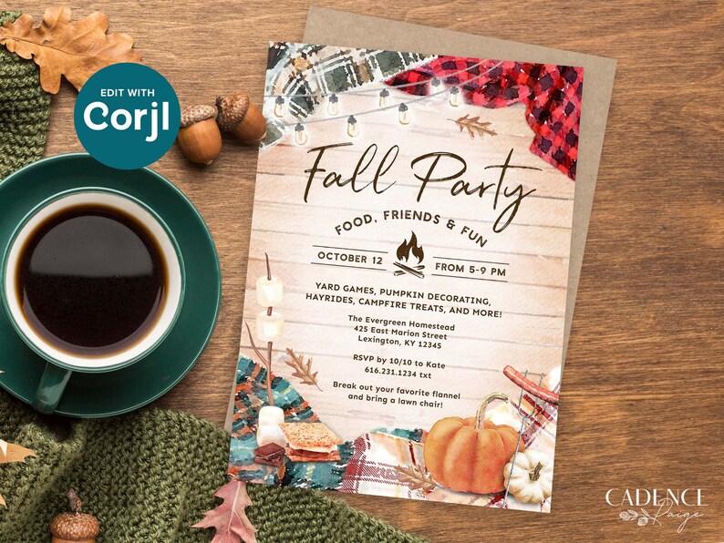 Fall Harvest Party invitation that features a rustic wood background with different colors of cozy flannels draped in each corner, along with twinkling string lights, pumpkins, and s'mores. The invite says "Fall Party" in bold script in the center.