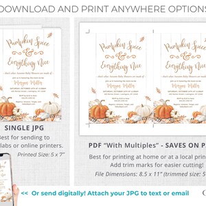May include: Baby shower invitation with the text "Pumpkin Spice & Everything Nice" featuring watercolor pumpkins and fall foliage. The invitation is available as a single JPG or a PDF with multiples, with a printed size of 5 x 7 inches.